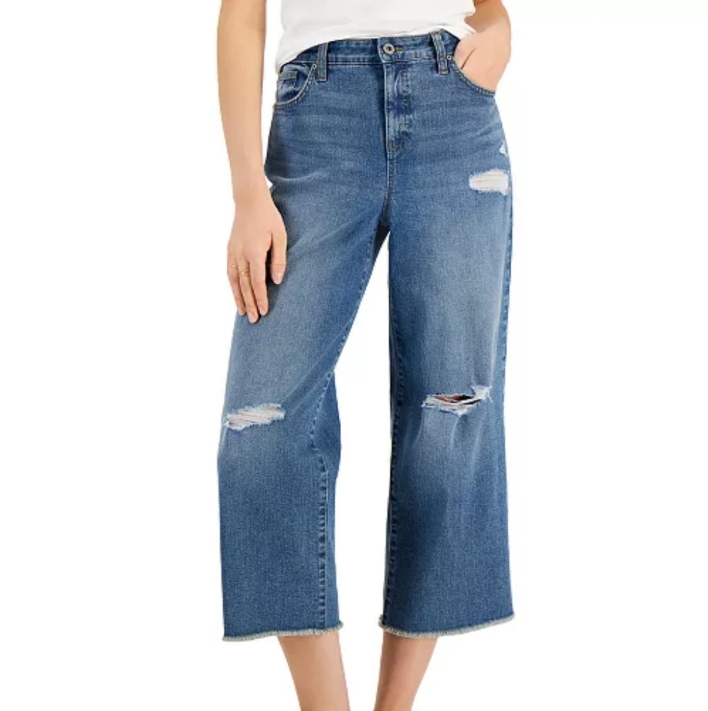 Style & Co Wide Leg High Rise Cropped Denim Jeans raw hem  8